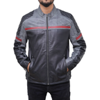 Men's black and grey faux leather biker jacket - view 1