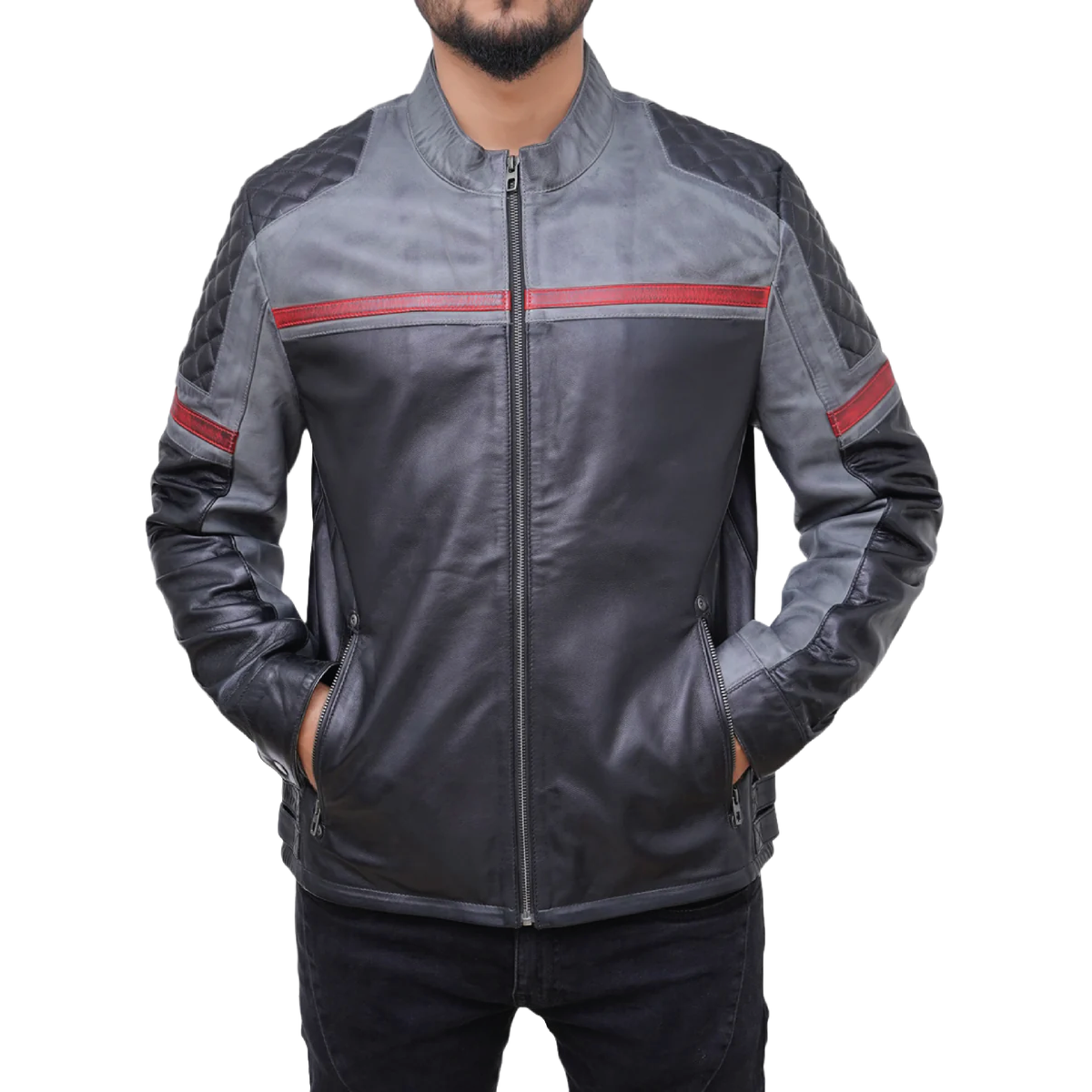 Men's black and grey faux leather biker jacket - view 1