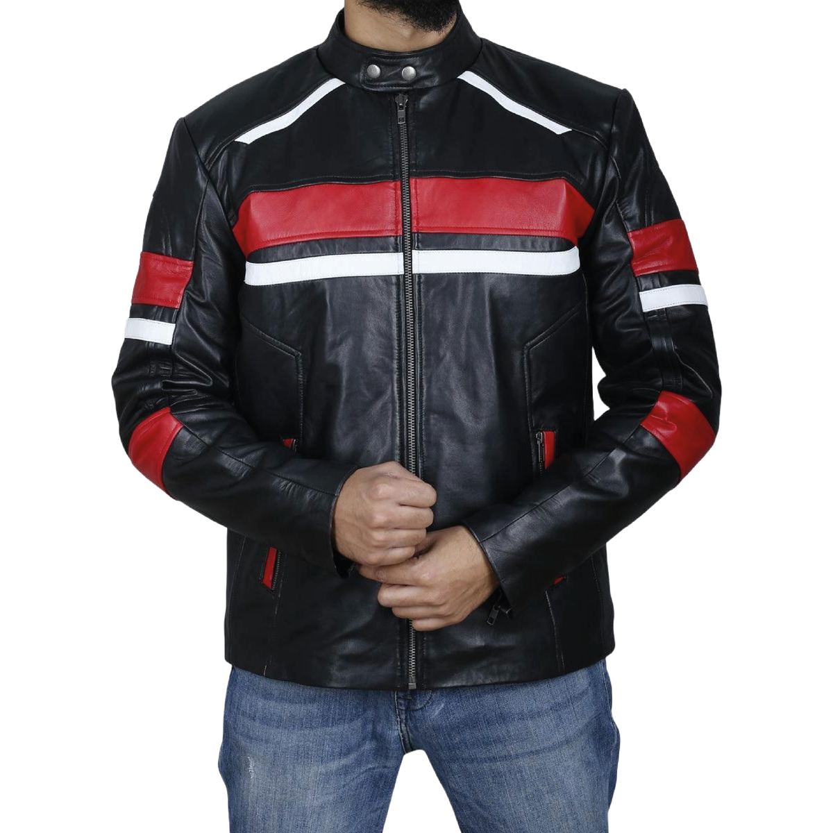 Black retro cafe racer jacket with red and white stripes - view 1
