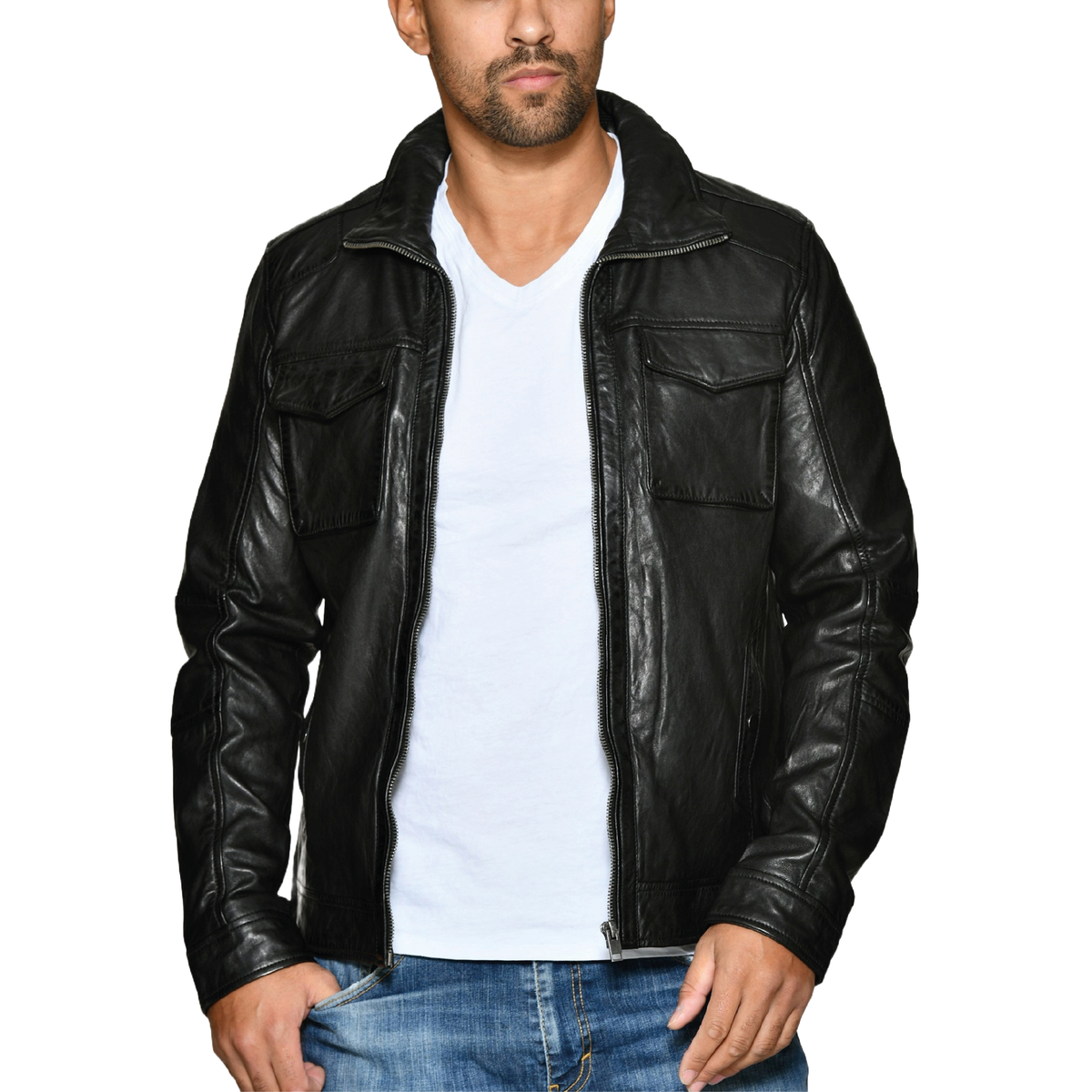 Men's sheepskin leather biker jacket - view 1