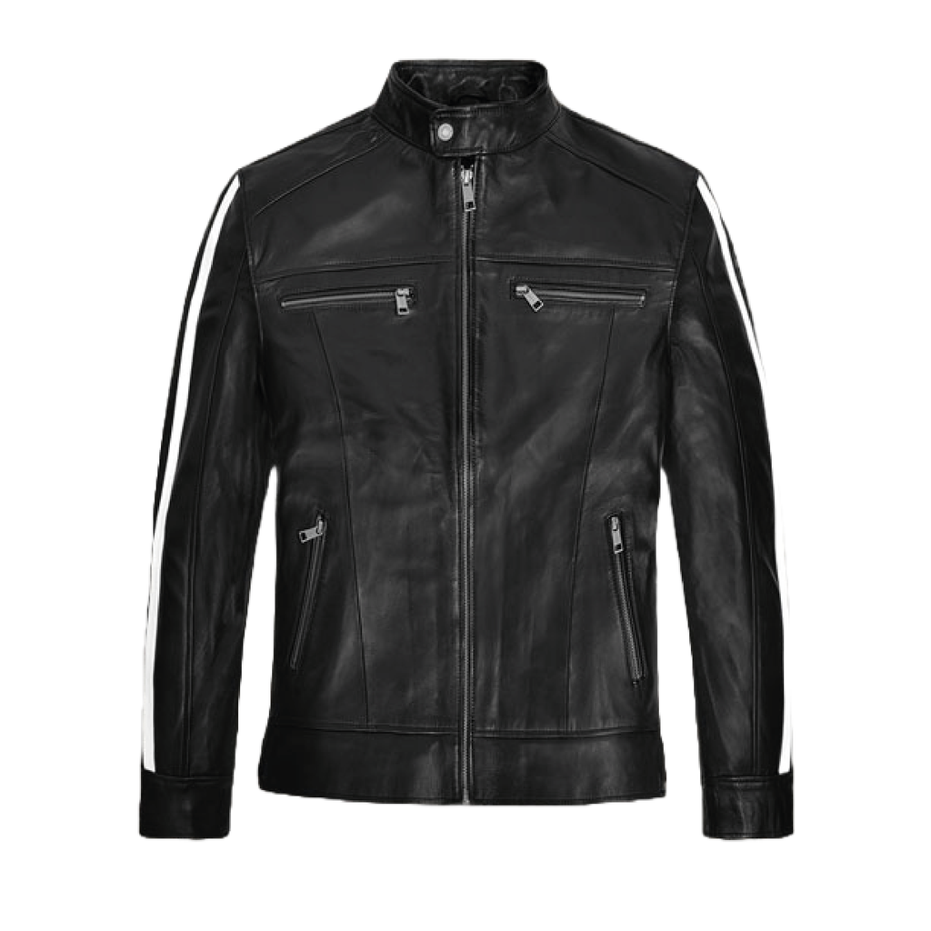 Black stand-collar leather jacket with zipper pockets - view 2