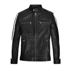 Black stand-collar leather jacket with zipper pockets - view 2
