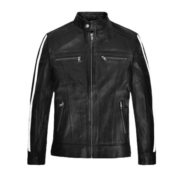 Black Stand-Collar Leather Jacket with Zipper Pockets