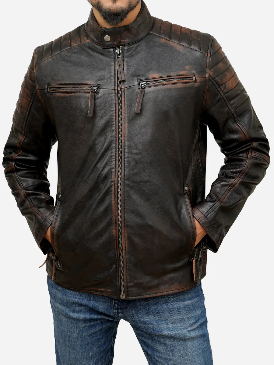 Brown cafe racer leather jacket for men - view 1