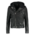 Black hooded biker leather jacket with waist belt - view 3