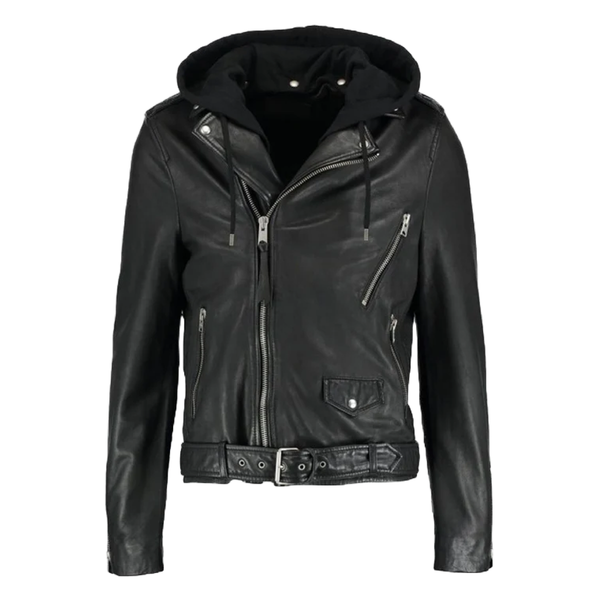 Black hooded biker leather jacket with waist belt - view 3