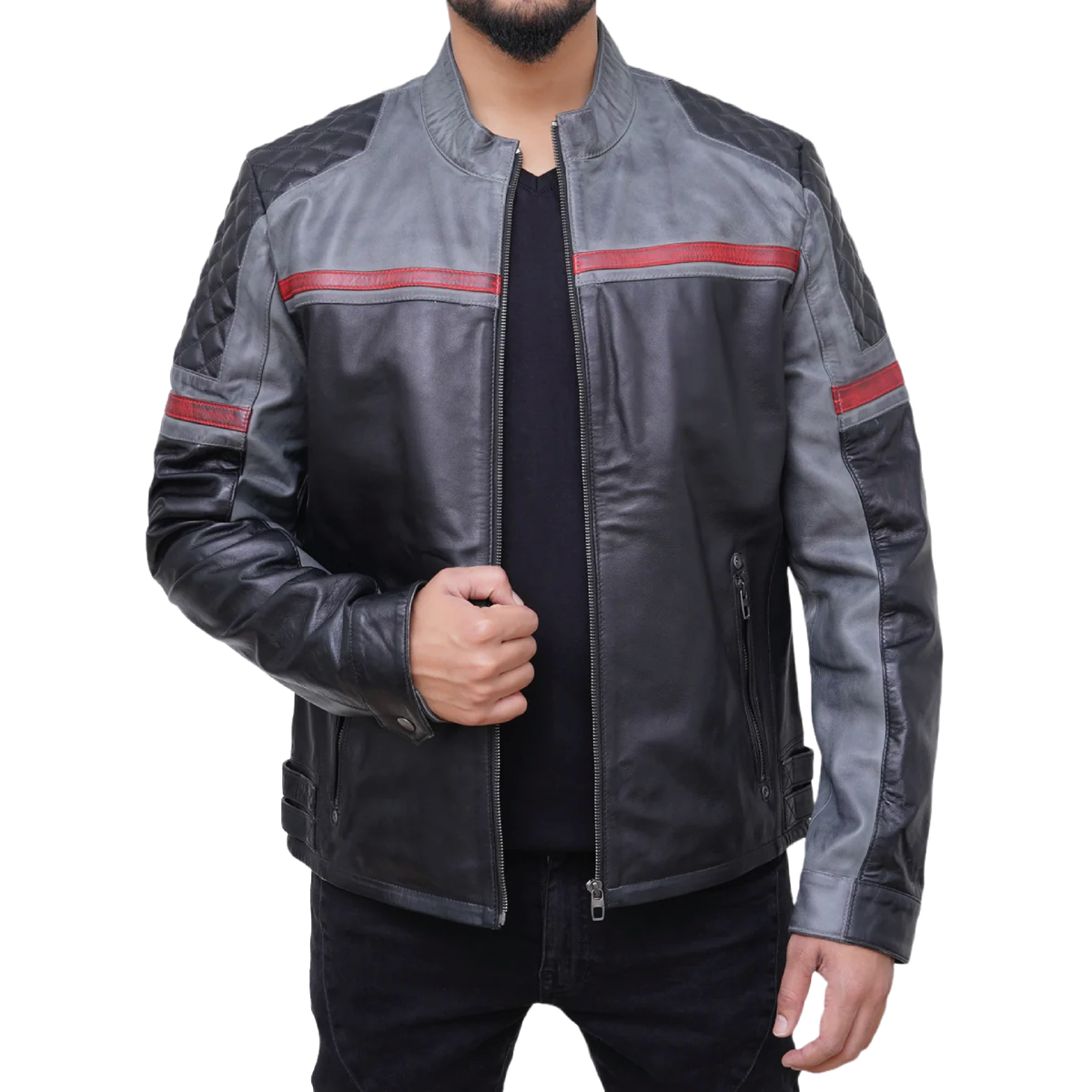 Men's black and grey faux leather biker jacket - view 2