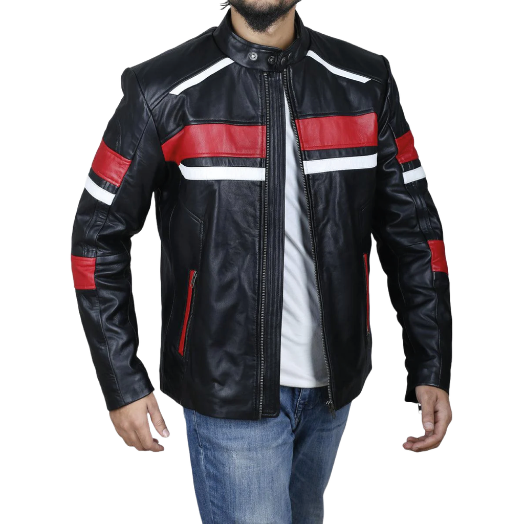 Black retro cafe racer jacket with red and white stripes - view 4