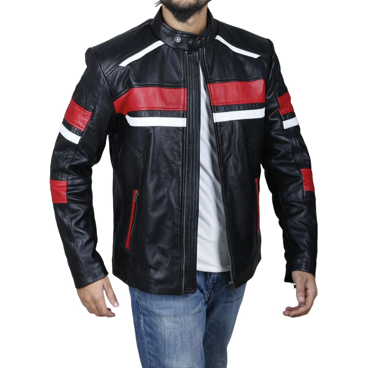 Black retro cafe racer jacket with red and white stripes - view 4