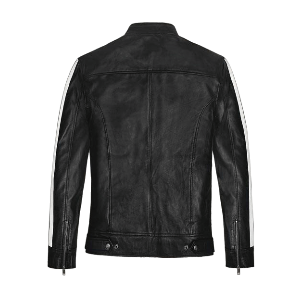 Black stand-collar leather jacket with zipper pockets - view 3