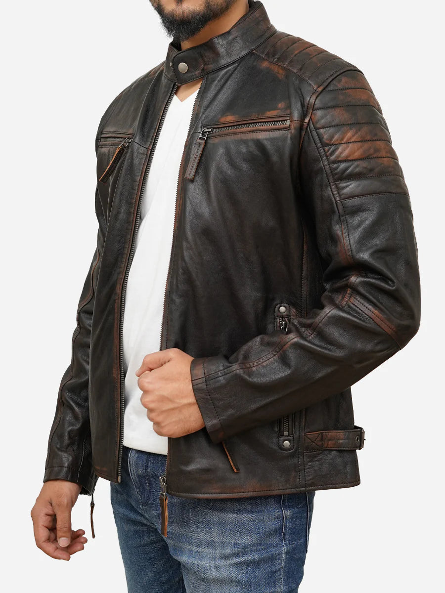 Brown cafe racer leather jacket for men - view 4