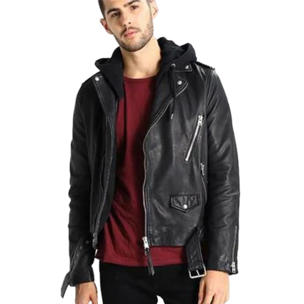 Black hooded biker leather jacket with waist belt - view 1