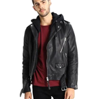 Black hooded biker leather jacket with waist belt - view 1