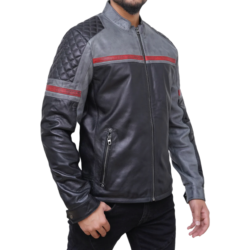 Men's black and grey faux leather biker jacket - view 5