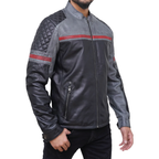 Men's black and grey faux leather biker jacket - view 5