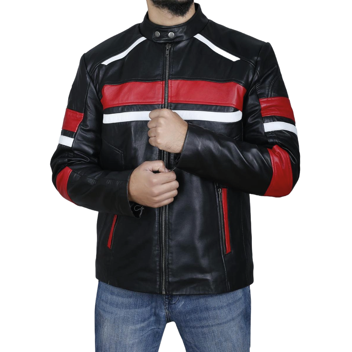 Black retro cafe racer jacket with red and white stripes - view 3