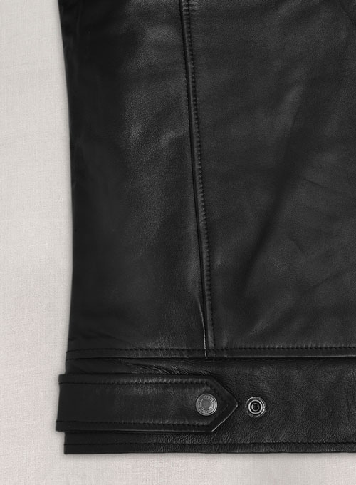 Black stand-collar leather jacket with zipper pockets - view 6