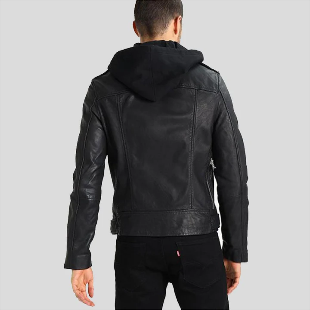 Black hooded biker leather jacket with waist belt - view 4