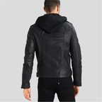 Black hooded biker leather jacket with waist belt - view 4