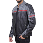 Men's black and grey faux leather biker jacket - view 3