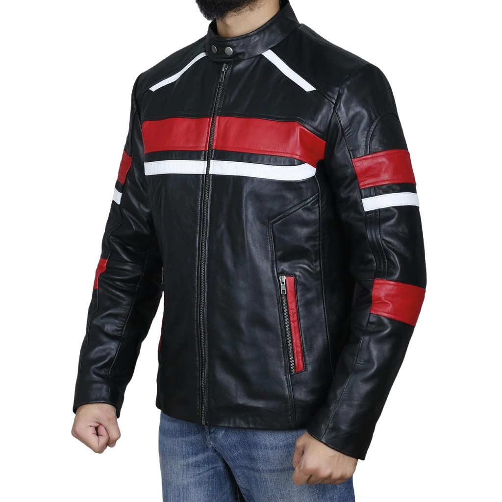 Black retro cafe racer jacket with red and white stripes - view 5