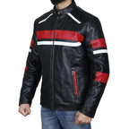 Black retro cafe racer jacket with red and white stripes - view 5