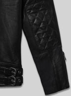 Black lambskin leather biker jacket with quilted shoulders - view 5