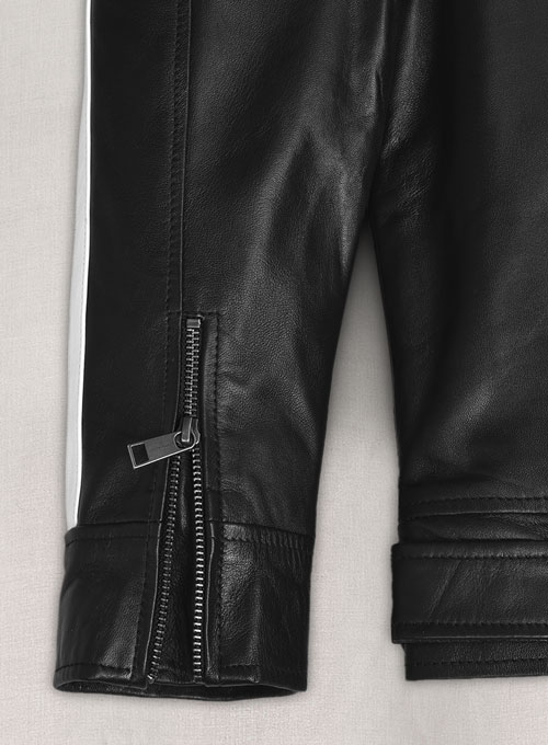 Black stand-collar leather jacket with zipper pockets - view 4