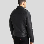 Black hooded biker leather jacket with waist belt - view 2