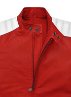 Crimson red leather jacket with white stripe panels - view 5