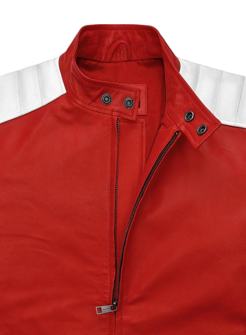Crimson red leather jacket with white stripe panels - view 5