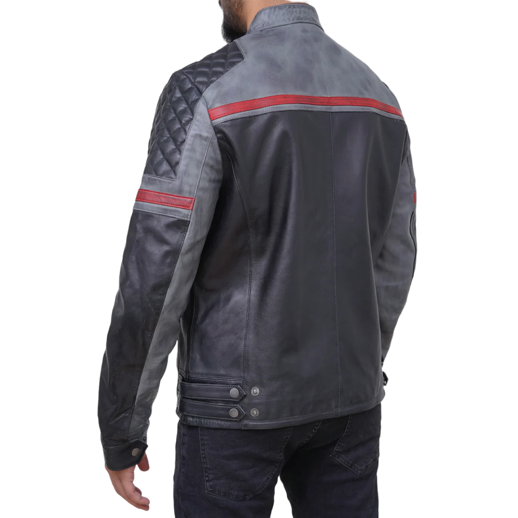 Men's black and grey faux leather biker jacket - view 4