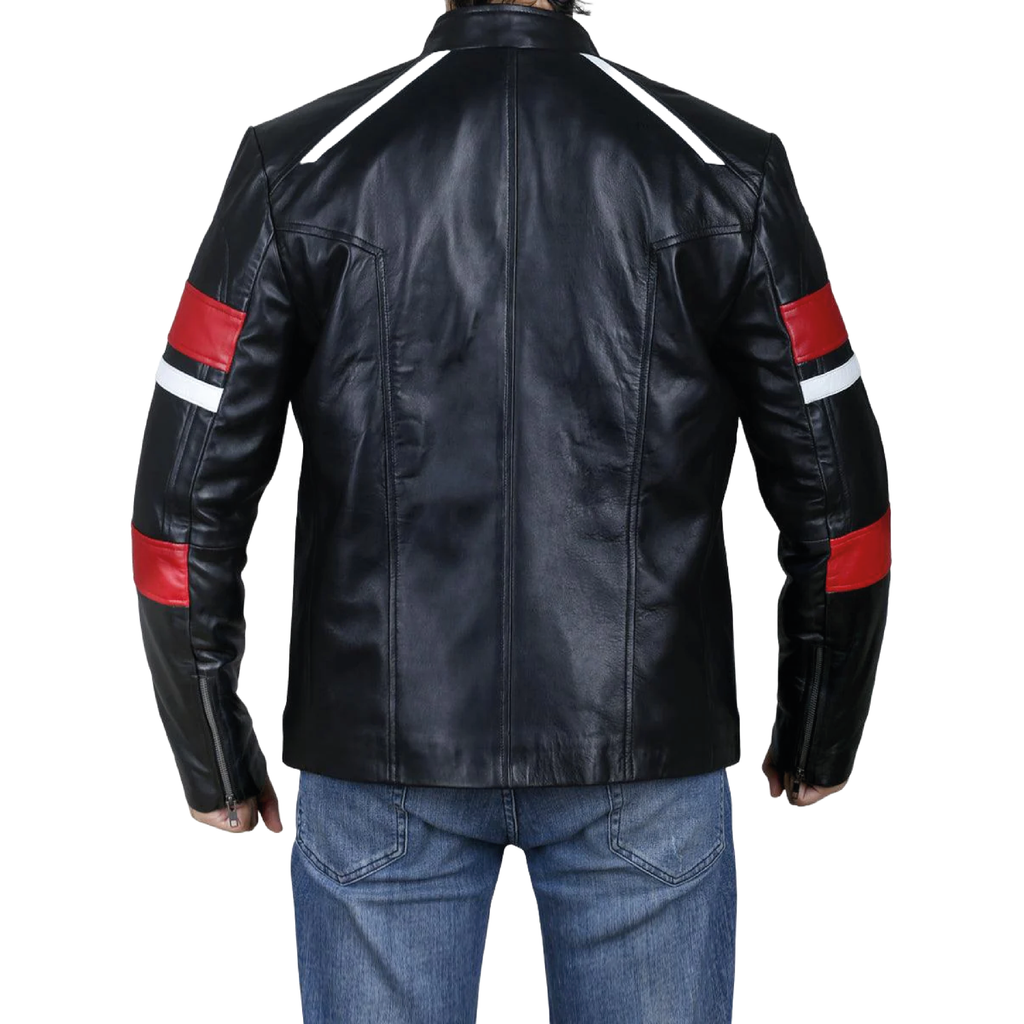 Black retro cafe racer jacket with red and white stripes - view 2