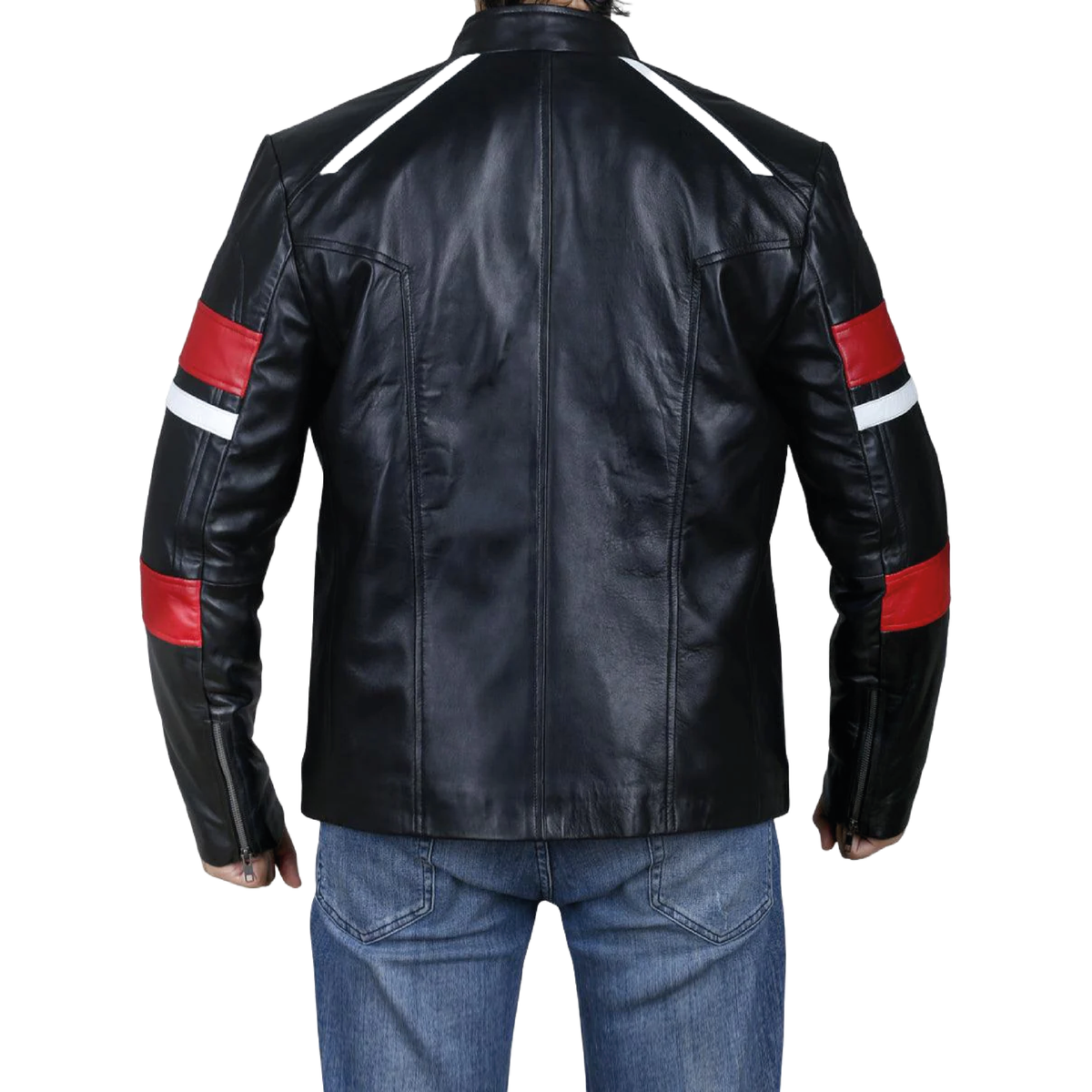 Black retro cafe racer jacket with red and white stripes - view 2