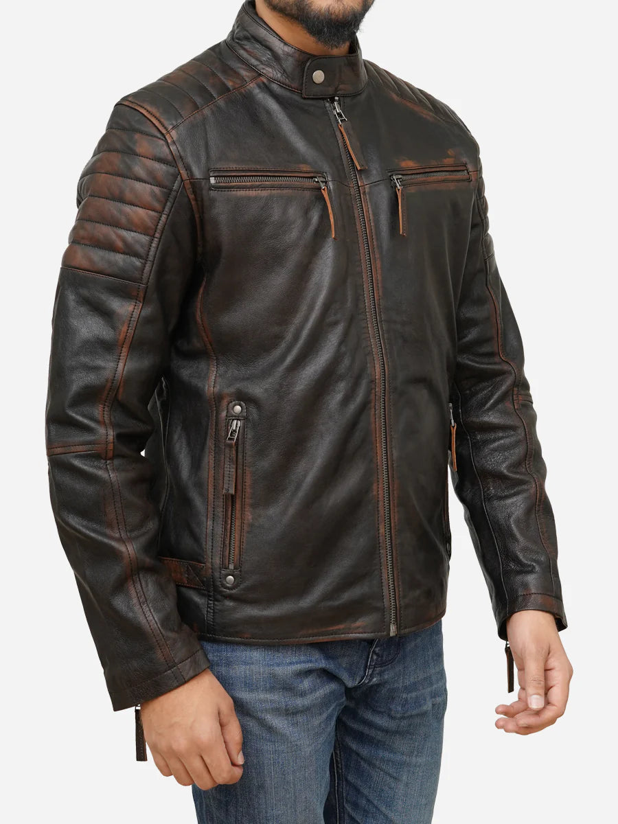 Brown cafe racer leather jacket for men - view 3