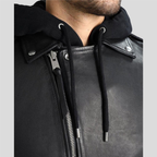 Black hooded biker leather jacket with waist belt - view 5
