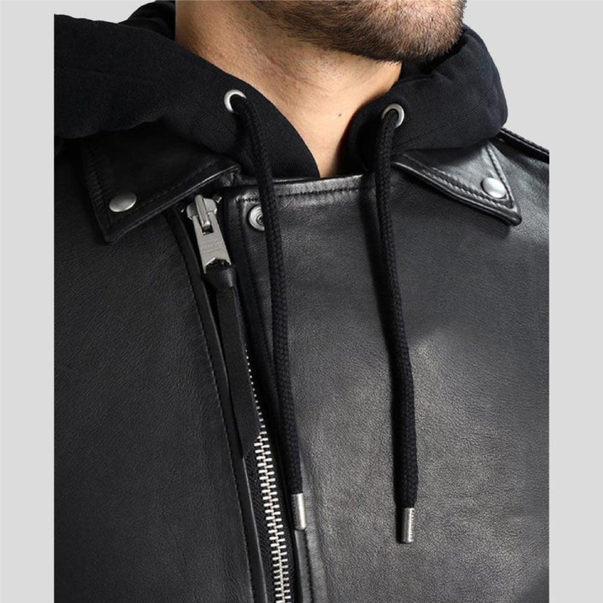 Black hooded biker leather jacket with waist belt - view 5