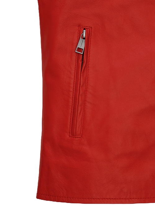 Crimson red leather jacket with white stripe panels - view 6
