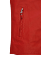 Crimson red leather jacket with white stripe panels - view 6