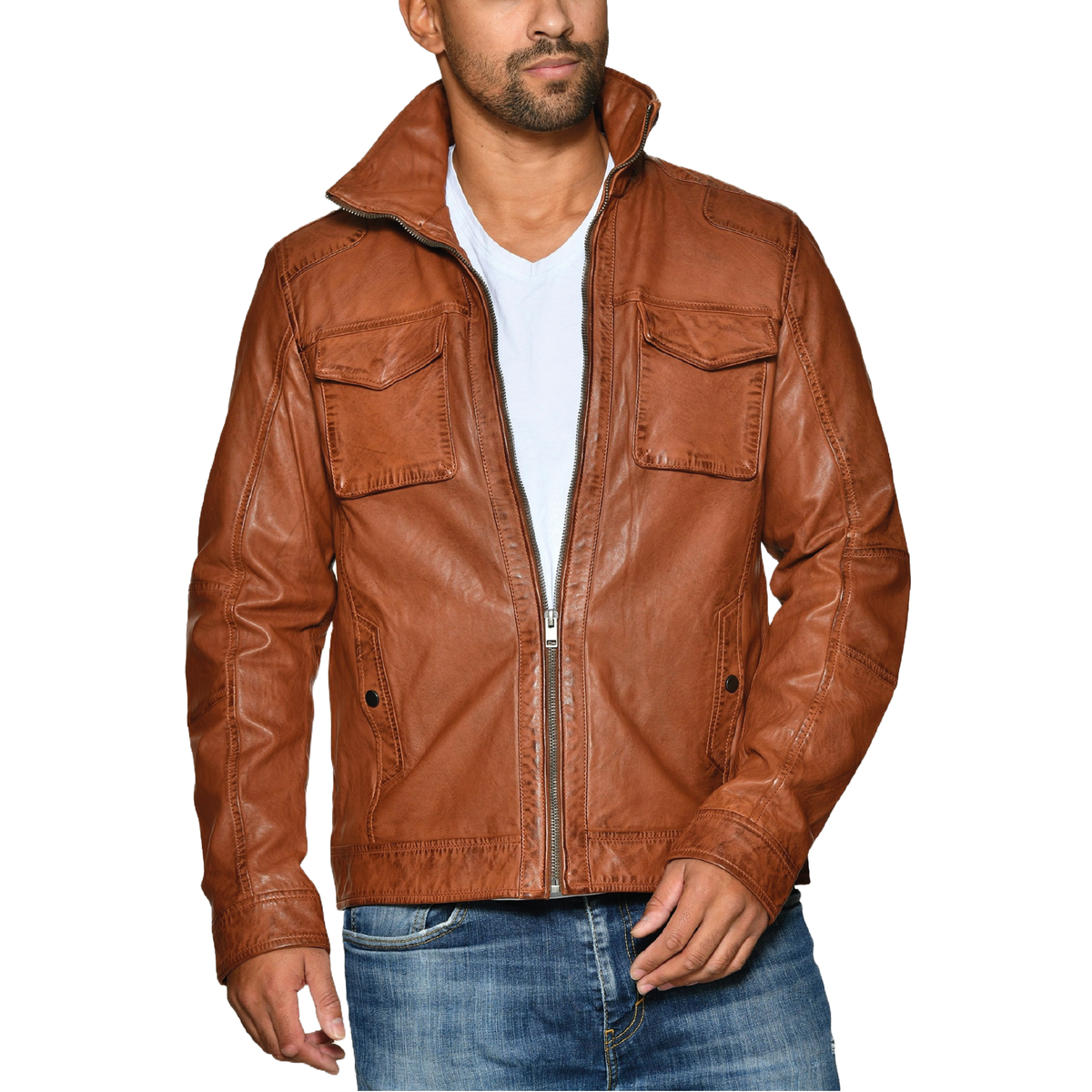Men's sheepskin leather biker jacket - view 11
