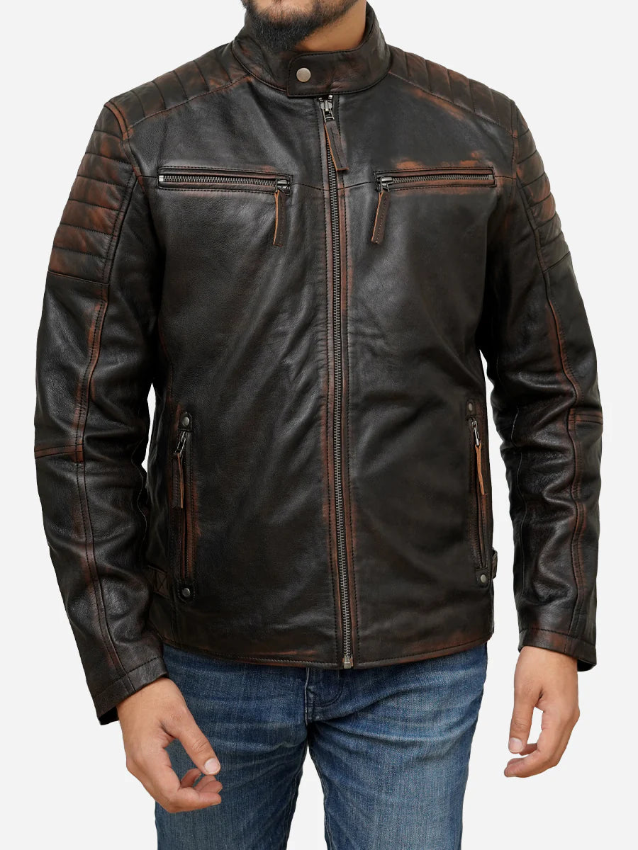 Brown cafe racer leather jacket for men - view 6