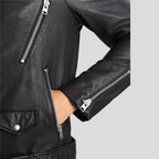 Black hooded biker leather jacket with waist belt - view 6