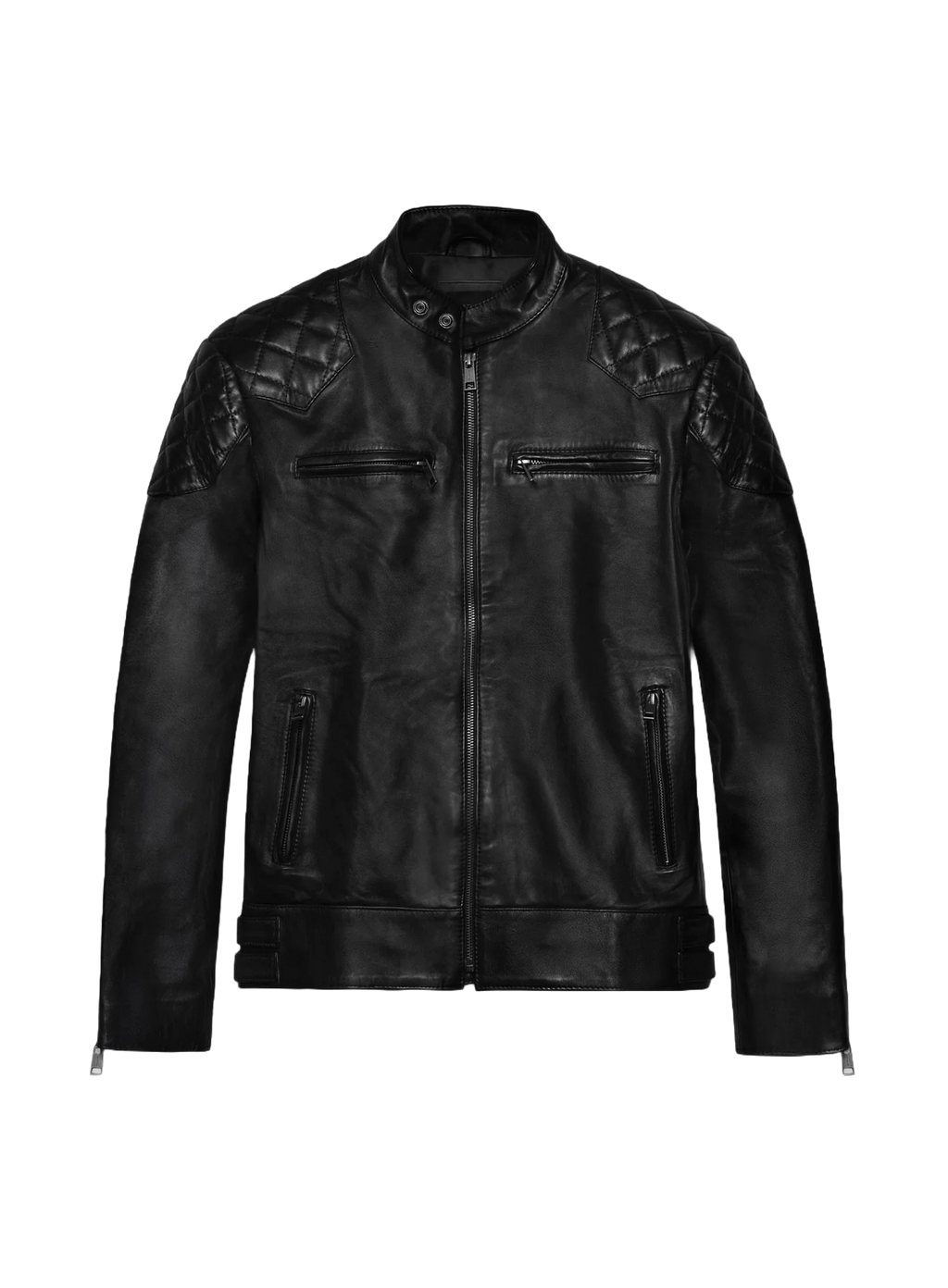 Black lambskin leather biker jacket with quilted shoulders - view 2