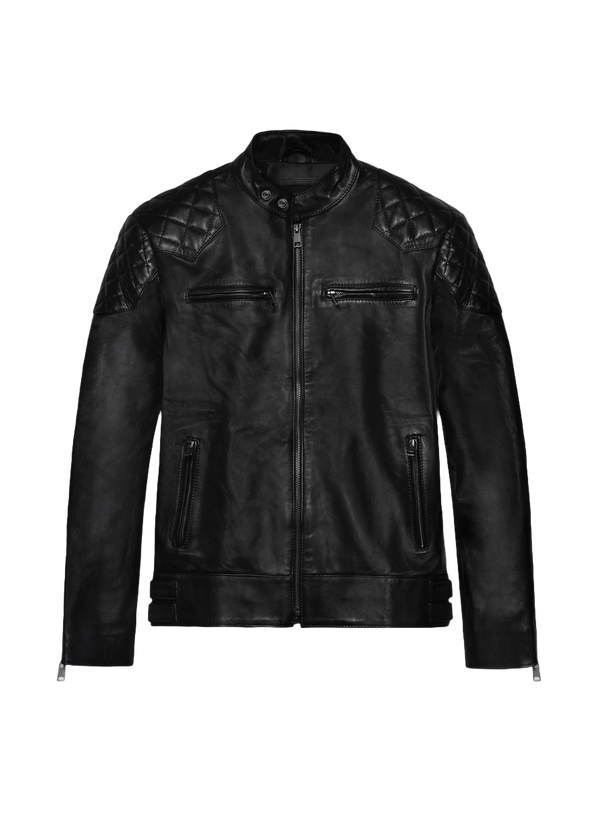 Black Lambskin Leather Biker Jacket with Quilted Shoulders