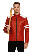 Crimson red leather jacket with white stripe panels - view 1