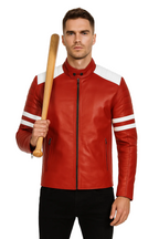 Crimson red leather jacket with white stripe panels - view 1
