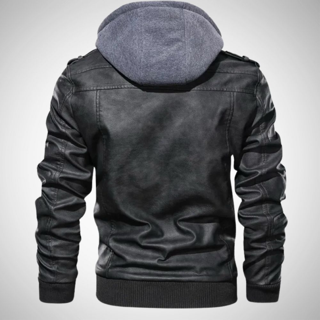 Black hooded leather jacket with gray hood - back view