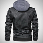 Black hooded leather jacket with gray hood - back view