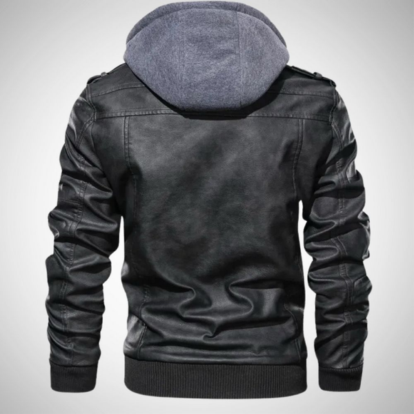 Hooded Biker Leather Jacket Black