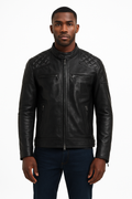 Black lambskin leather biker jacket with quilted shoulders - view 1